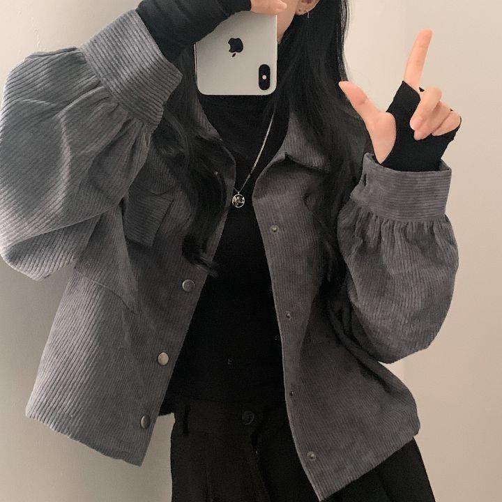 South Korea Chic Loose All-Match Single-Breasted Lapel Short Corduroy Shirt Drawstring Jacket Women'S Trendy - Image 2